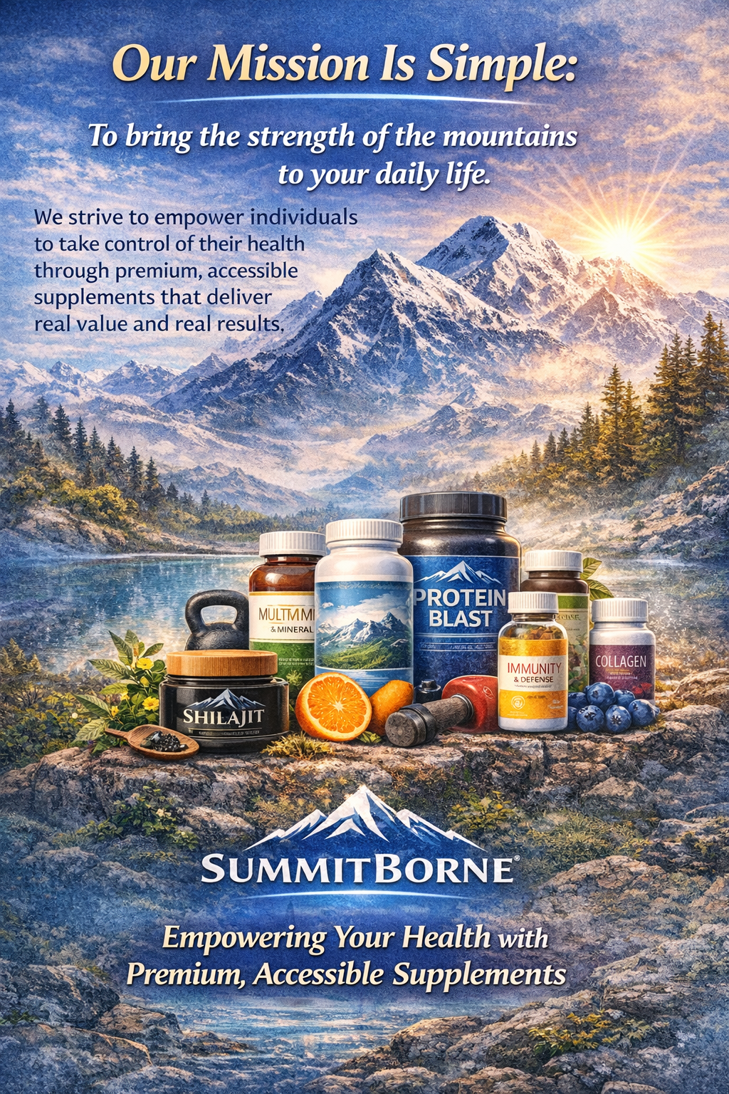 Summit Borne Mission To bring the strength of the mountains to your daily life.We strive to empower individuals to take control of their health through premium, accessible supplements that deliver real value and real results.